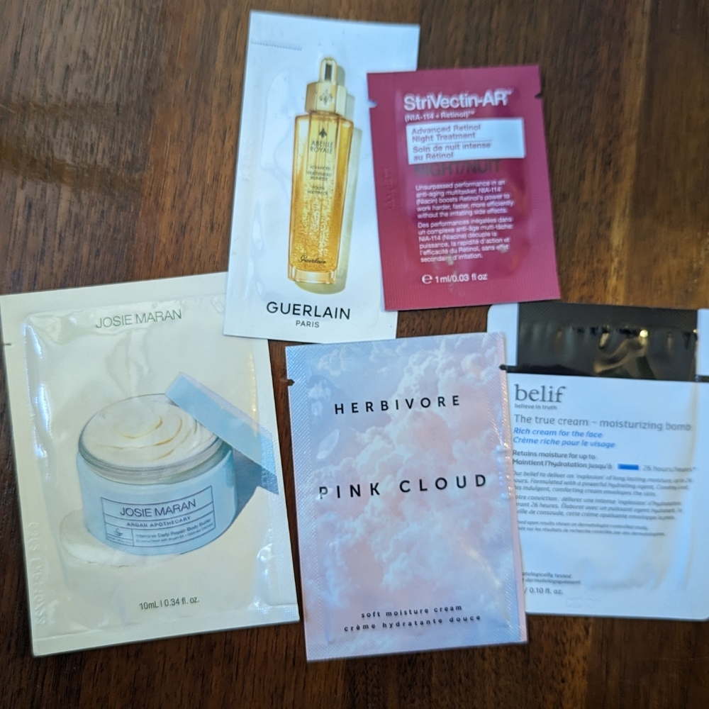 Samples from Herbivore, belif, Josie Maran, Guerlain, and Strivectin